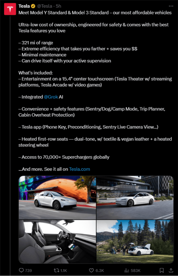 特斯拉發(fā)布最便宜車型:Model 3/Y標準版,F(xiàn)SD V14更新發(fā)布;賽力斯9月銷量48286輛同比增8.33%