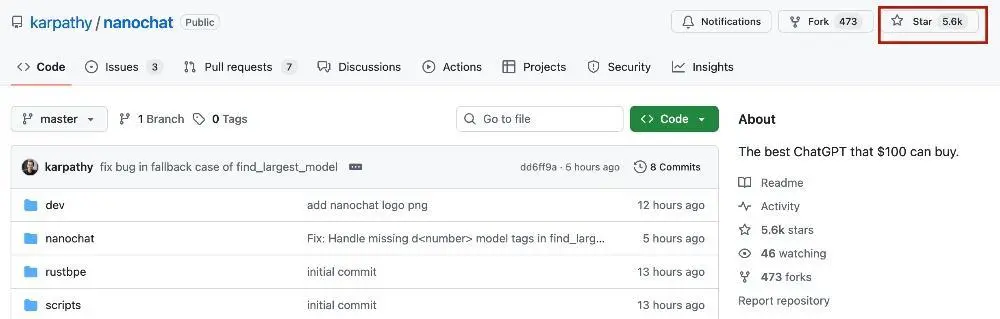 4小時寫詩,12小時超越GPT-2,AI大牛卡帕西開源“ChatGPT平替” nanochat Github主頁(來源:Github)